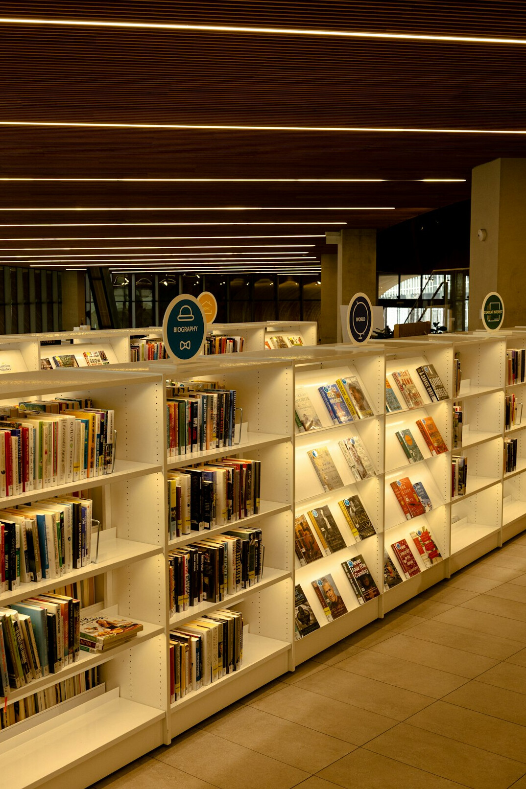 Reading room with rows of books